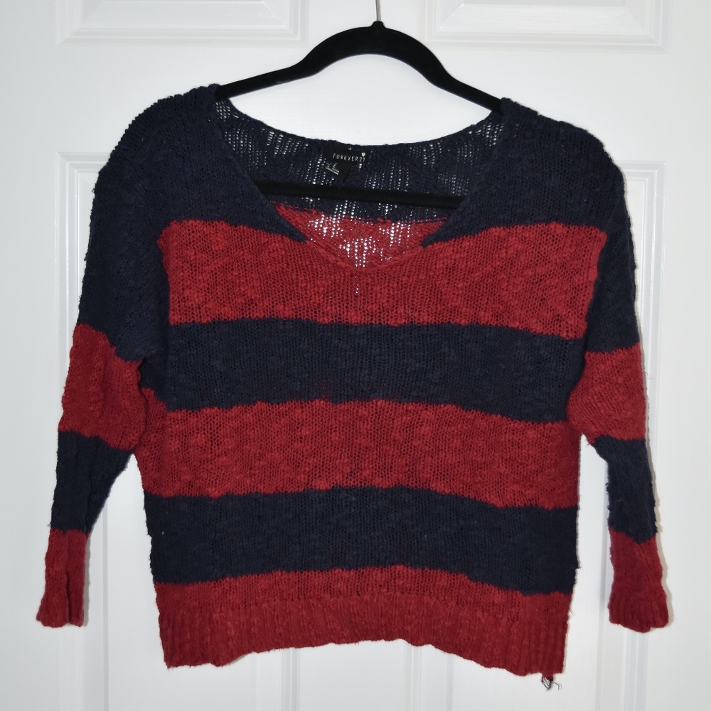 Red and Navy Knit Cropped Sweater